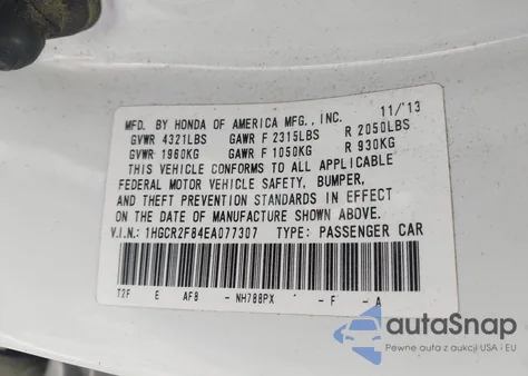 2014 Honda Accord Ex-L from USA, damaged, VIN 1HGCR2F84EA077307